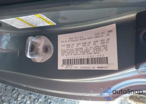 2007 Mitsubishi Eclipse Gs z USA, uszkodzony, nr VIN 4A3AK24F37E021962